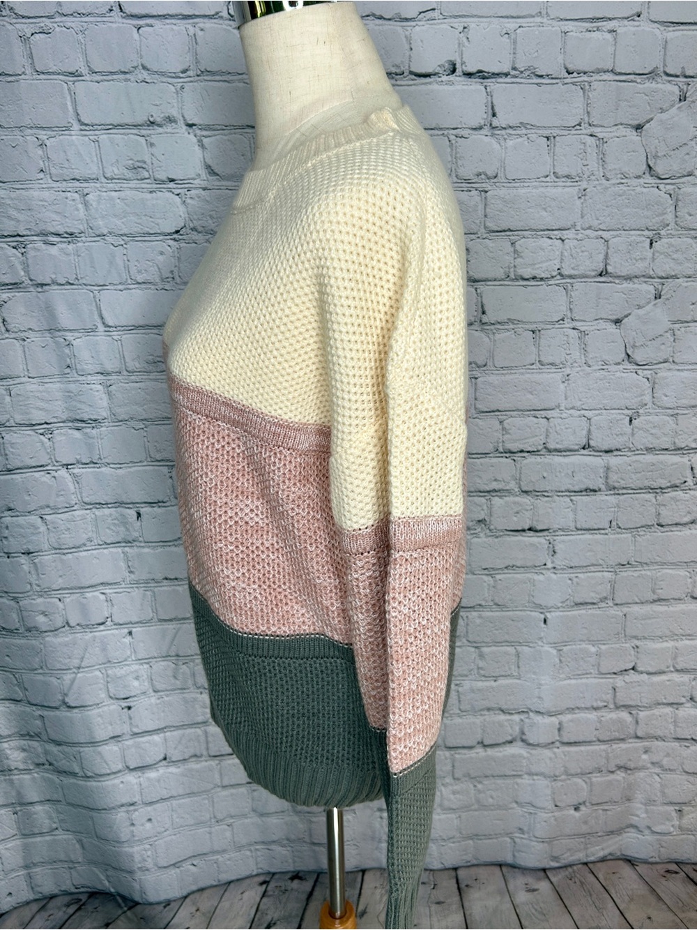Womens Medium Colorblock Sweater Cream Blush Pink Gray Textured Knit Pullover - Picture 4 of 6